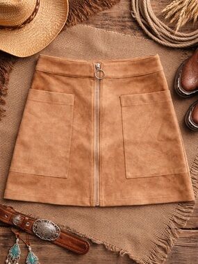 Tan Suede Front-Zip Mini Skirt with Patch Pockets